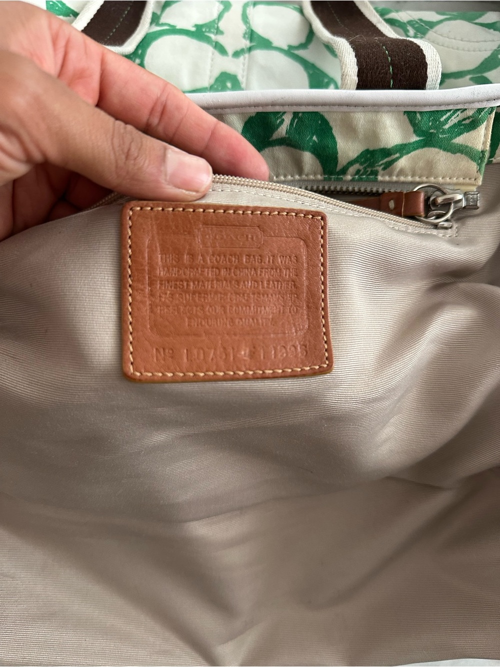 Coach Canvas Tote Bag with Green Print and Brown Leather Trim - Picture 8 of 9